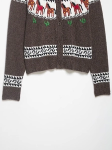 Close-up of brown knit cardigan featuring horse jacquard and cactus embroidery details