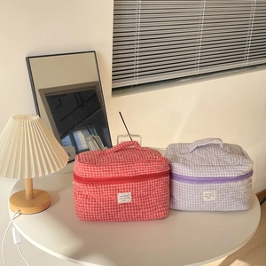 Grande borsa da trucco a quadretti vichy per viaggi e conservazione di cosmetici