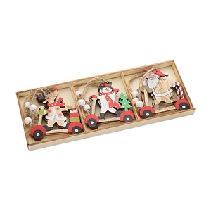 3-piece set of wooden Christmas tree ornaments with reindeer, snowman and Santa Claus