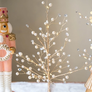 Elegant champagne gold LED tree with white faux pearls and crystals for festive decor