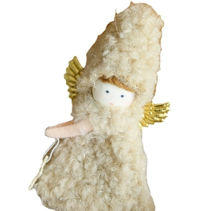 Cute white plush Christmas angel doll with golden wings and curly fur texture decoration