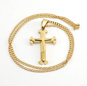 Polished 18k gold stainless steel cross pendant necklace with a circular link chain