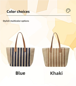 Detail of blue and khaki striped straw tote bags with brown leather handles and rivets