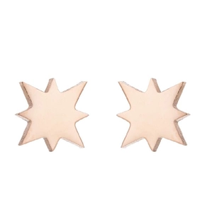Close-up of minimalist rose gold eight-pointed star stud earrings in stainless steel