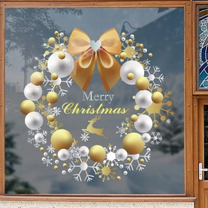 Golden Christmas wreath window sticker with Merry Christmas greeting and reindeer for glass decor
