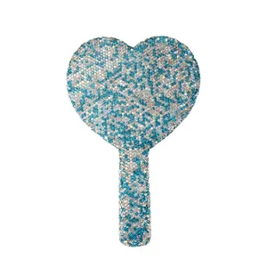 Sparkling heart-shaped handheld vanity mirror with blue and silver rhinestones