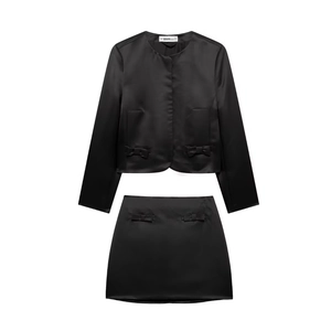 Elegant black satin Christmas two-piece set with bow-knot jacket and mini skirt