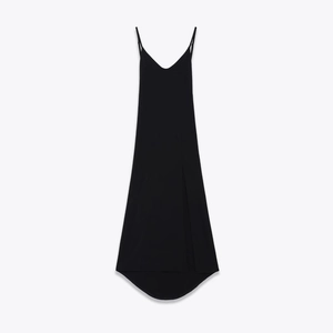Elegant black V-neck maxi dress with spaghetti straps and high side slit detail