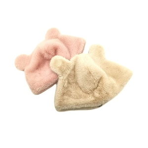Plush faux fur winter hats with cute bear ears in soft pink and beige colors