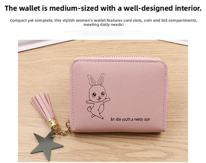 Detail of pink zip coin purse with cartoon rabbit, star charm and tassel decoration