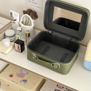 Mallette de maquillage en cuir PU vert avec miroir intégré et sangles élastiques