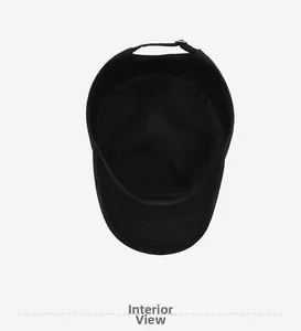 Internal view of black flat top cap showing cotton lining and adjustable metal buckle