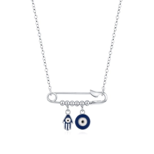 S925 sterling silver safety pin necklace featuring Hamsa Hand and Blue Evil Eye charms