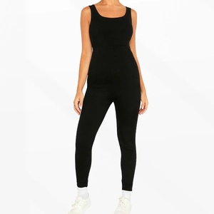 Slim fit black maternity sleeveless jumpsuit with elastic fabric for yoga or casual wear
