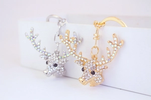 Detail of silver and gold reindeer keychains with sparkling crystals and metal rings