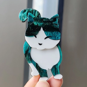 Cute calico cat acrylic brooch with white and emerald green glitter marble textures