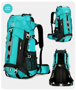 Detailed views of light green 60L hiking backpack with ergonomic straps and buckles
