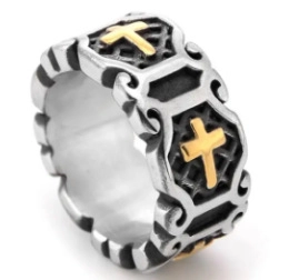 Detailed view of punk rock cross ring featuring silver and gold dual-tone stainless steel