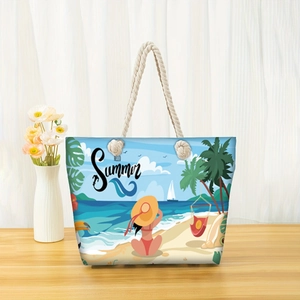 Canvas beach tote bag detail with thick rope handles and summer vacation illustration