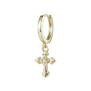Golden huggie hoop earring with cross pendant and small central stone on white background