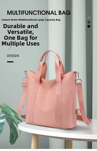 Detail of water-resistant nylon shoulder bag with silver hardware and durable fabric strap
