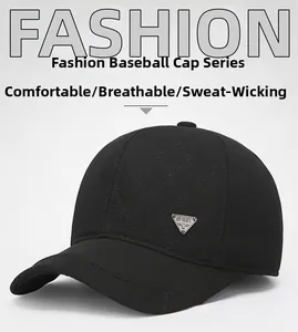 Detail of black quilted baseball cap for men featuring a metal Spirit logo plate