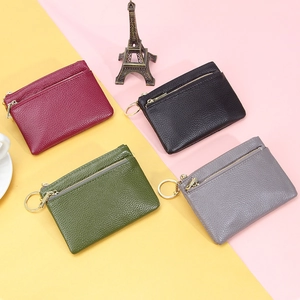 Minimalist leather coin purse with zipper and keyring in red, black, green and gray