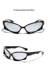 Front and 45-degree side view of Y2K wraparound sunglasses in shiny black frame
