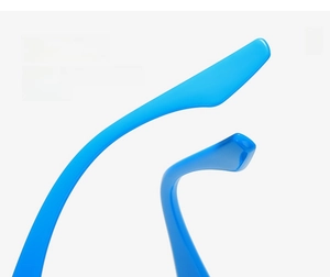 Close-up of bright blue curved sunglasses temples with a sleek polished finish