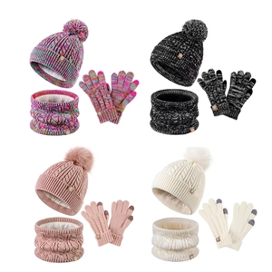 Winter knit set for kids featuring pom-pom hat, scarf, and touch screen gloves in 4 colors