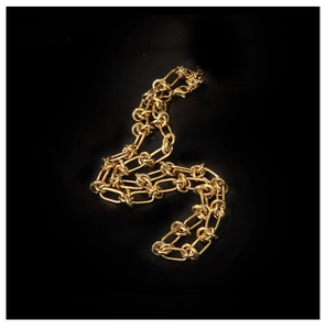 Close-up of 18K gold-plated knotted thorn chain with metallic luster on black background