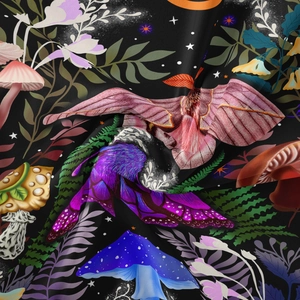 Macro detail of moon phase tapestry fabric featuring colorful mushroom and moth patterns