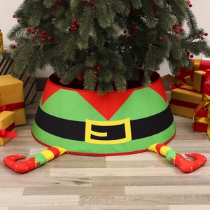 Christmas elf tree skirt with striped legs and belt design around a decorated tree base