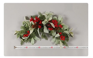 Christmas door swag measurement showing 58cm length with red berries and pine cones