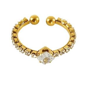Adjustable golden stainless steel ring featuring a square zircon center and pavé crystals