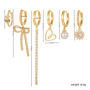 Detailed size chart of six-piece gold bow and heart tassel earring set with dimensions