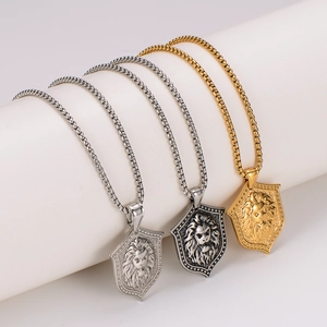 Lion Head Shield Pendant Necklace 304 Stainless Steel Embossed Vintage Punk Gothic Style Jewelry For Men And Women