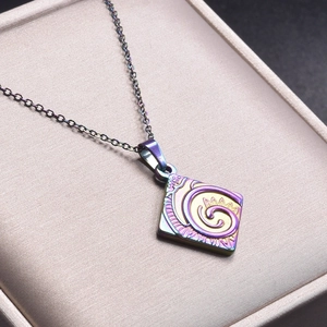 Macro shot of 18k gold plated stainless steel square necklace with rainbow pattern