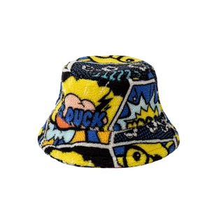 Plush yellow duck lamb wool bucket hat with comic print and thick winter insulation
