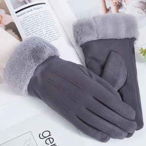 Women's warm faux suede thermal gloves with plush cuffs for outdoor winter cycling and driving