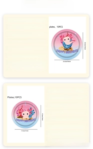 Detailed view of 7 and 9 inch cartoon axolotl paper plates for birthday party sets