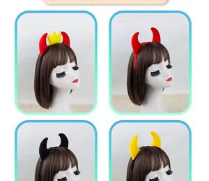 Detail view of four colorful devil horn headbands for Halloween and cosplay parties