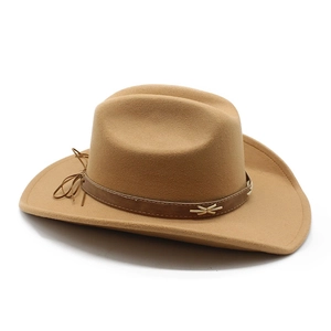Detailed view of the tan wool felt cowboy hat with leather band and metal ornaments