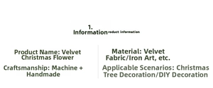 Detailed product specifications for velvet Christmas flower including material and size