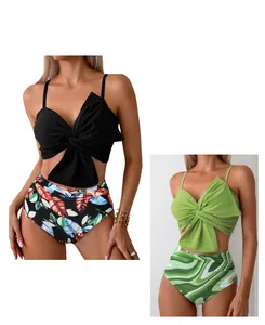 Detail of high-waisted bikini sets featuring front bow knots and vibrant tropical floral prints