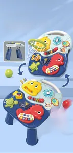 Detail of baby activity table featuring music piano, basketball hoop and animal toy elements
