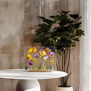 Floral glass-style acrylic plaque with purple and yellow poppies on a wooden base