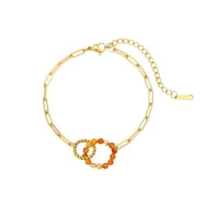 Vintage stainless steel gold chain bracelet with orange natural stone and interlocking rings