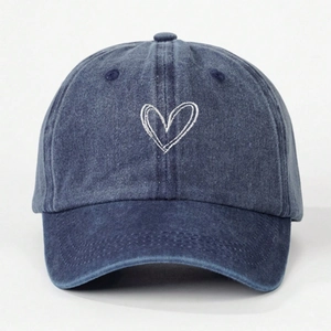 Adjustable dark blue denim baseball cap for kids with white heart embroidery design