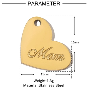 Detailed size chart for the gold heart-shaped Mom pendant made of stainless steel